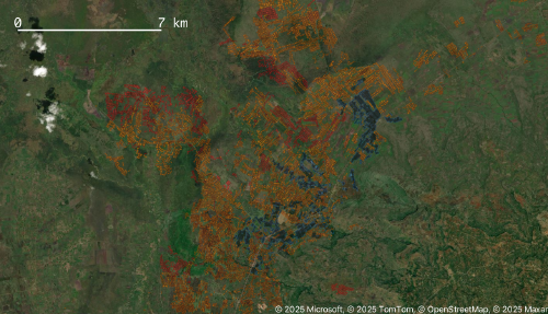 Map demonstrating plot registrations in Bulambuli, Uganda in 2025 so far, colour-coded by month registered