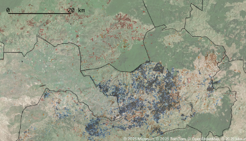 Map demonstrating plot registrations in Kericho/Nandi in Kenya in 2025 so far, colour-coded by month registered