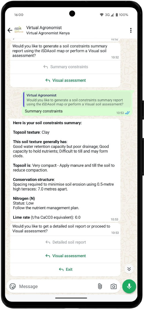 Screenshot of Virtual Agronomist's Know Your Soil feature showing a farmer's soil summary